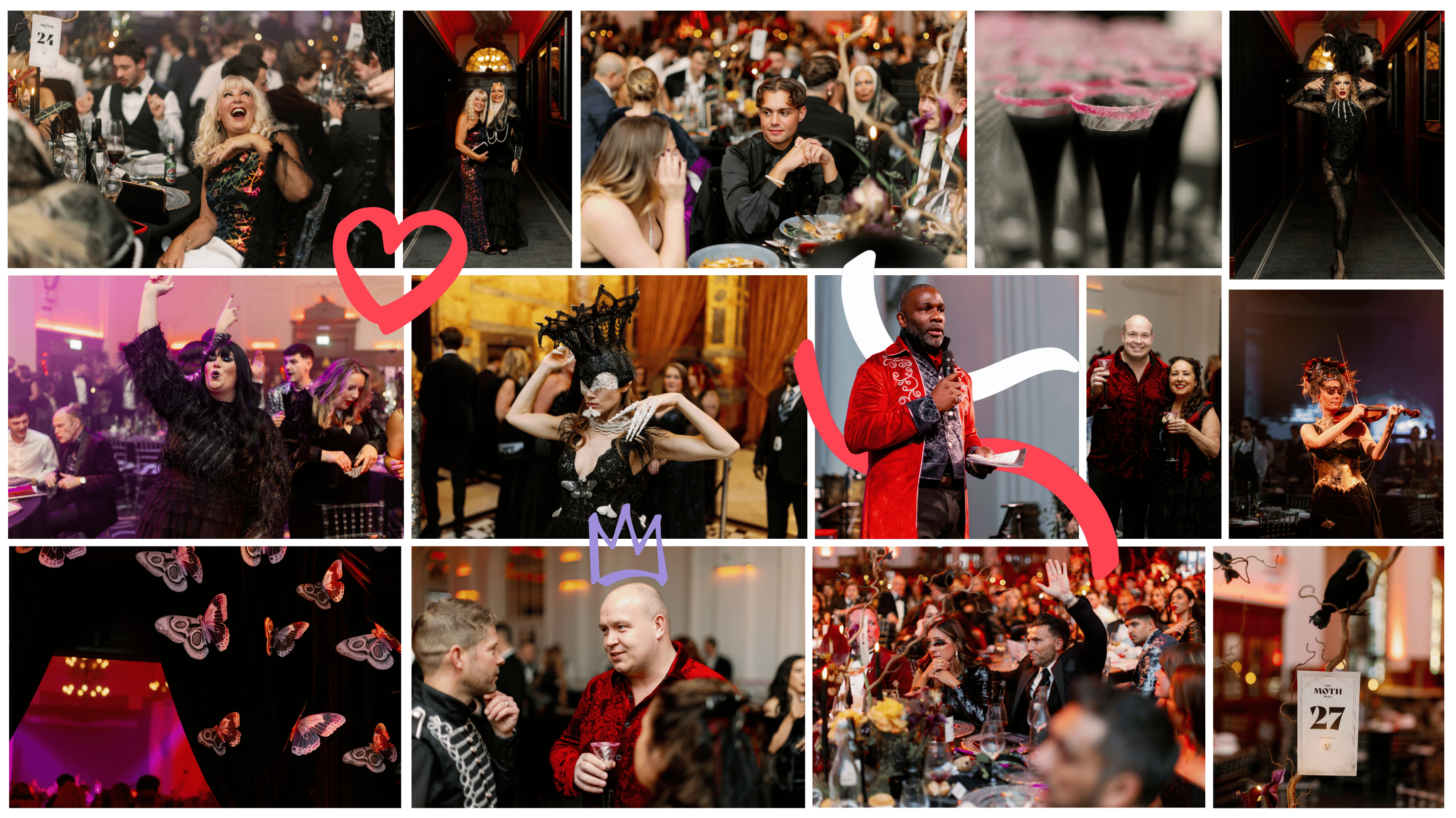 A collection of images, featuring people who attended the Moth Ball